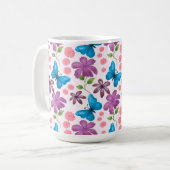 青い蝶と紫の花柄 コーヒーマグカップ (正面左)