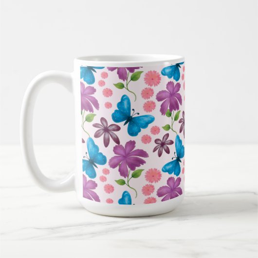 青い蝶と紫の花柄 コーヒーマグカップ (左)