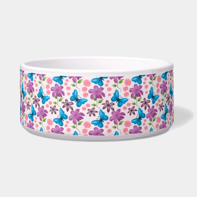 青い蝶と紫の花柄 ボウル (正面)
