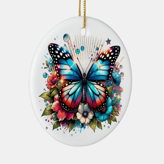 青い蝶と花のクリパーソナライズされたスマス セラミックオーナメント (右)