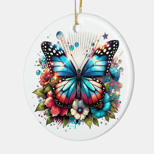 青い蝶と花のクリパーソナライズされたスマス セラミックオーナメント (左)