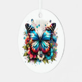 青い蝶と花のクリパーソナライズされたスマス メタルオーナメント (正面左)
