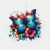 青い蝶と花のクリパーソナライズされたスマス メタルオーナメント (正面)