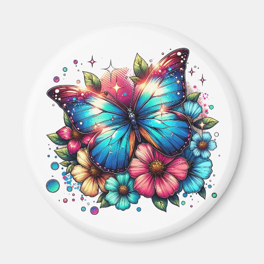 青い蝶と花 マグネット (正面)