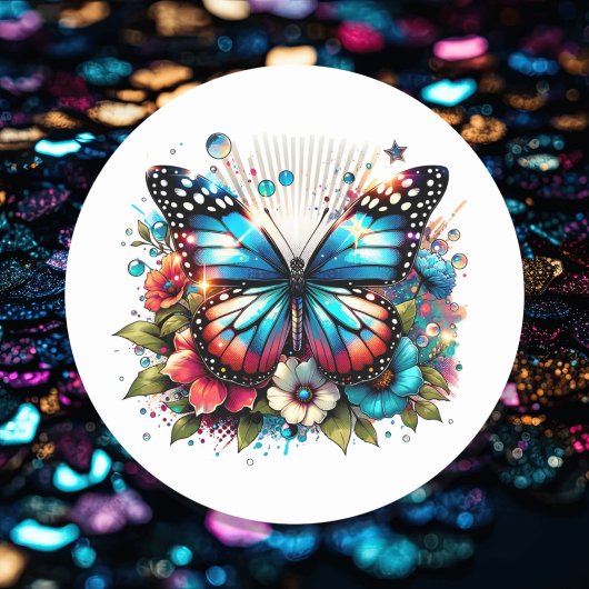 青い蝶と花 ラウンドシール