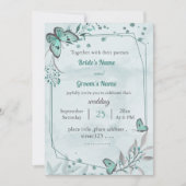 青い蝶と葉の花柄幾何学ウェディング 招待状 (正面)