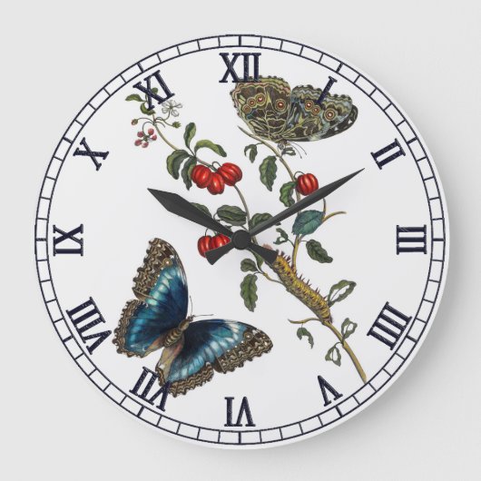 青い蝶と赤い果実 ラージ壁時計 (正面)