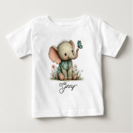 青い蝶のいるかわいい赤ちゃん象 ベビーTシャツ