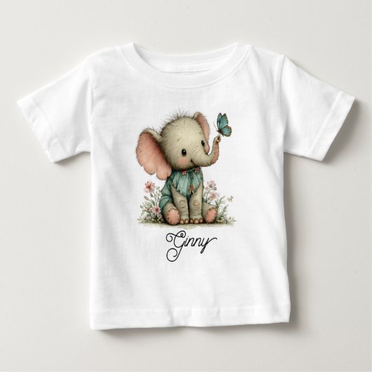 青い蝶のいるかわいい赤ちゃん象 ベビーTシャツ (正面)