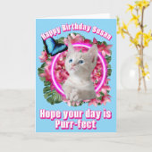 青い蝶のいるネオンのトロピカルなかわいい子猫 カード (黄色い花)