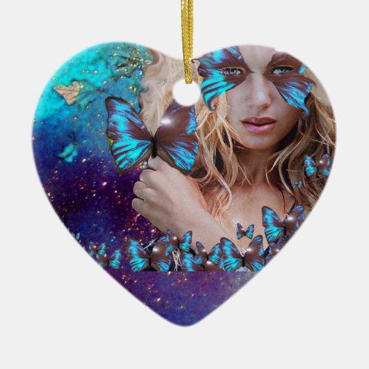 青い蝶のティール(緑がかった色)緑の金ゴールドきらめきハート セラミックオーナメント (正面)