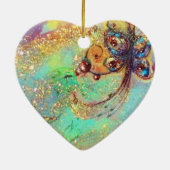 青い蝶のティール(緑がかった色)緑の金ゴールドきらめきハート セラミックオーナメント (裏面)