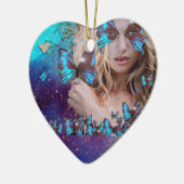 青い蝶のティール(緑がかった色)緑の金ゴールドきらめきハート セラミックオーナメント (左)