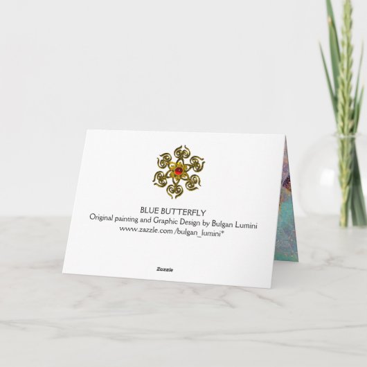 青い蝶のティール(緑がかった色)緑の金ゴールドきらめき カード (裏面)