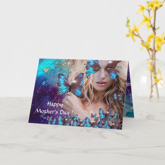 青い蝶のティール（緑がかった色）緑の金ゴールドきらめき カード (黄色い花)