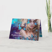 青い蝶のティール（緑がかった色）緑の金ゴールドきらめき カード (正面)