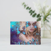 青い蝶のティール(緑がかった色)緑の金ゴールドきらめき ポストカード (スタンド正面)