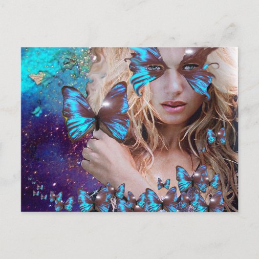 青い蝶のティール(緑がかった色)緑の金ゴールドきらめき ポストカード (正面)