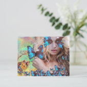 青い蝶のティール(緑がかった色)緑の金ゴールドきらめき ポストカード (スタンド正面)