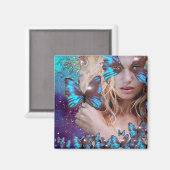 青い蝶のティール(緑がかった色)緑の金ゴールドきらめき マグネット (正面/裏面)