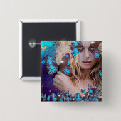 青い蝶のティール(緑がかった色)緑の金ゴールドきらめき 缶バッジ (正面&裏面)