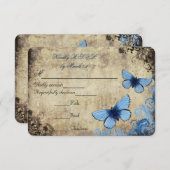 青い蝶のヴィンテージ結婚式の出欠確認 出欠カード (正面/裏面)