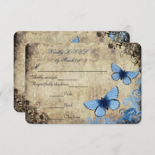 青い蝶のヴィンテージ結婚式の出欠確認 出欠カード (正面/裏面)