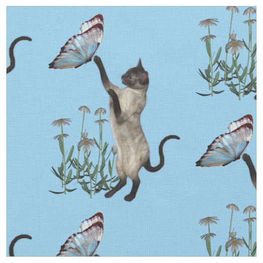 青い蝶の動物を持つシャム猫 ファブリック (クローズアップ)