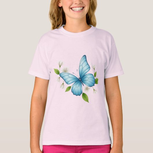 青い蝶の可愛い女の子Tシャツ Tシャツ (正面)