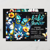 青い蝶の夢の国 男の子のベイビーシャワー 招待状 (正面/裏面)
