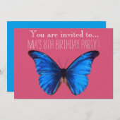 青い蝶の女の子かトゥイーンバースデーパーティー 招待状 (正面/裏面)