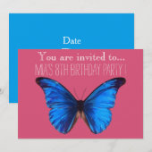 青い蝶の女の子の誕生日パーティー 招待状 (正面/裏面)