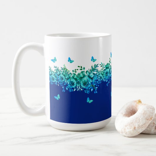 青い蝶の庭の花柄 コーヒーマグカップ (ドーナツ)