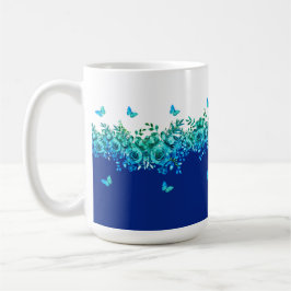 青い蝶の庭の花柄 コーヒーマグカップ