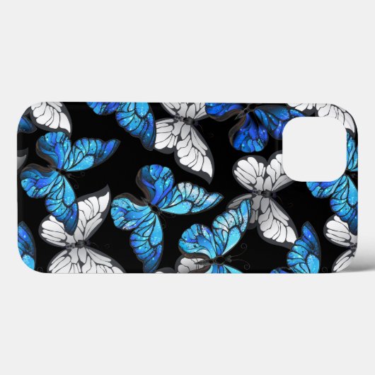 青い蝶の形をした濃いシームレスパターン Case-Mate iPhoneケース (裏面 (横))