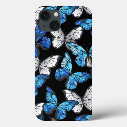 青い蝶の形をした濃いシームレスパターン Case-Mate iPhoneケース (裏面)