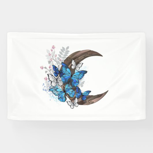 青い蝶の木製三日月 横断幕 (横)