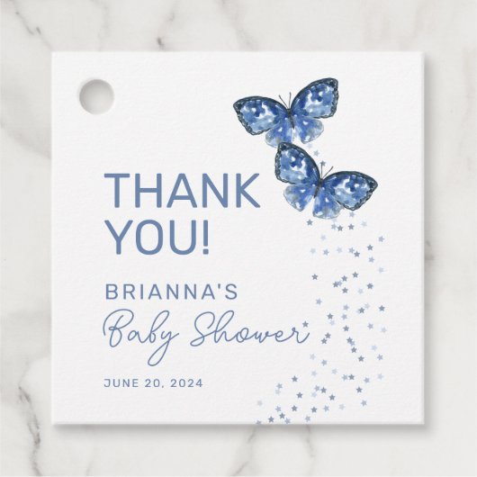 青い蝶の男の子ツインベイビーシャワーありがとう フェイバータグ (正面)