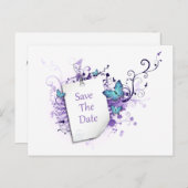 青い蝶の紫の渦巻き日付を保存 案内ポストカード (正面/裏面)