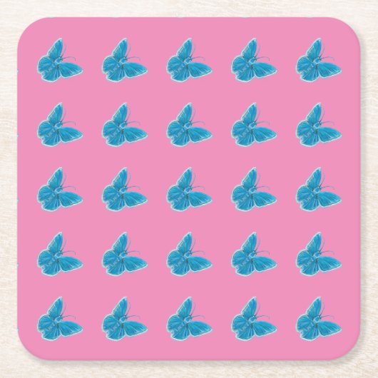 青い蝶の羽ばたきイラストレーションパターン スクエアペーパーコースター (正面)