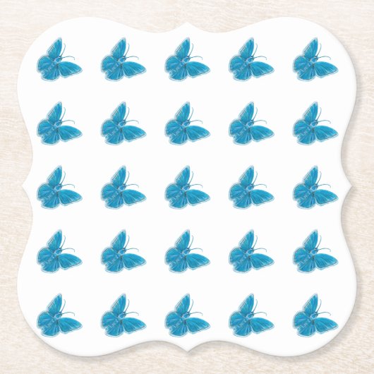 青い蝶の羽ばたきイラストレーションパターン ペーパーコースター (正面)