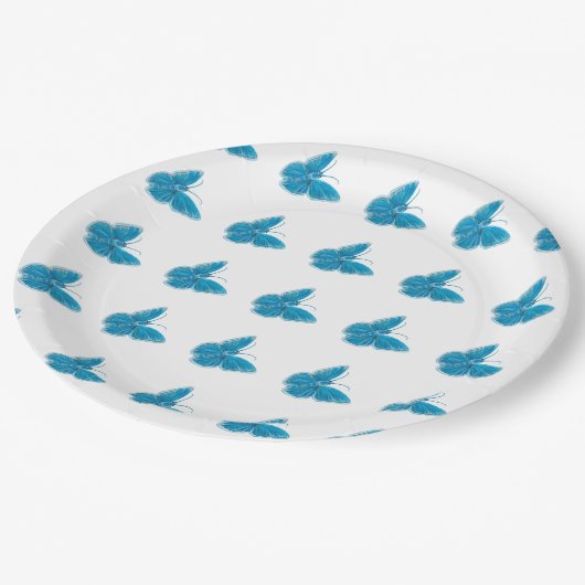 青い蝶の羽ばたきイラストレーションパターン ペーパープレート (アングル)