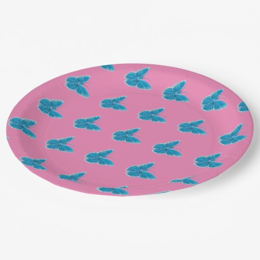 青い蝶の羽ばたきイラストレーションパターン ペーパープレート (アングル)