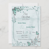 青い蝶の葉幾何日付を保存 招待状 (正面)