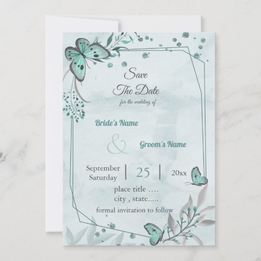 青い蝶の葉幾何日付を保存 招待状