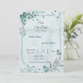 青い蝶の葉幾何日付を保存 招待状 (スタンド正面)