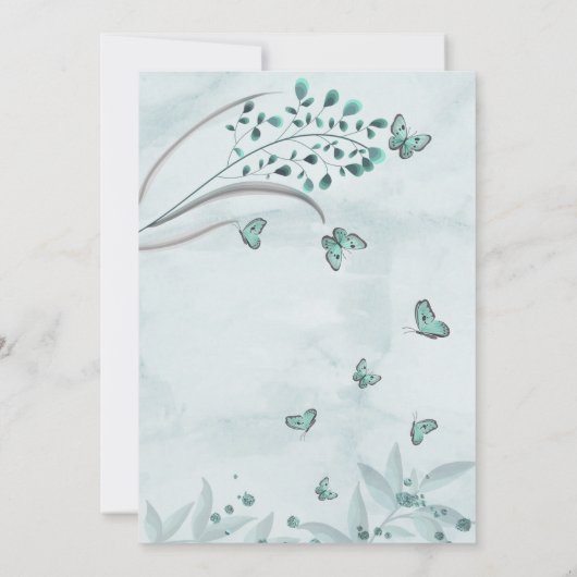 青い蝶の葉幾何日付を保存 招待状 (裏面)