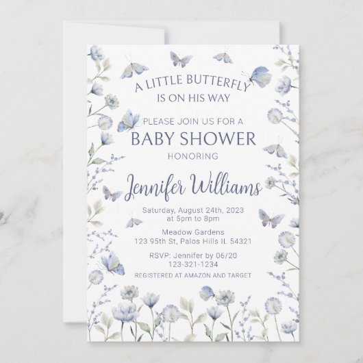 青い蝶の野生の花その男の子のシャワー 招待状 (正面)