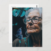 青い蝶はがき付きの老婦人 ポストカード (正面/裏面)