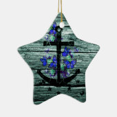 青い蝶を持つヴィンテージ木及び黒いいかり セラミックオーナメント (右)